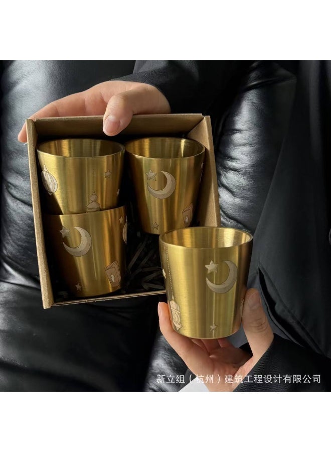 Ramadan Themed Stainless Steel Cup, Brushed Golden Finish, Crescent & Lantern Patterns - Image 1
