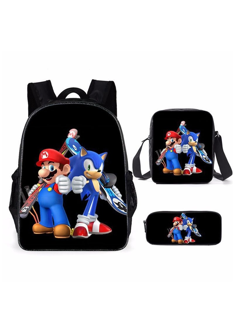 Mario cartoon backpack, primary and secondary school student backpack, large capacity backpack, three piece set, single shoulder bag, pencil case, unisex - Image 1
