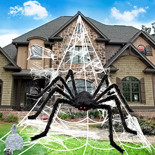 BOSONER Halloween Decorations Outdoor Spider Webs: 1Pcs Giant Spiders - 200'' Triangular Web with Hook - Stretch Web and Ground Stakes for Large Halloween Decor and Haunted House Decoration - Image 1