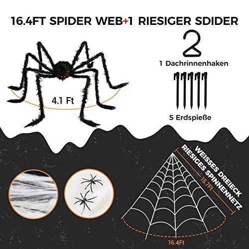 BOSONER Halloween Decorations Outdoor Spider Webs: 1Pcs Giant Spiders - 200'' Triangular Web with Hook - Stretch Web and Ground Stakes for Large Halloween Decor and Haunted House Decoration - Image 3