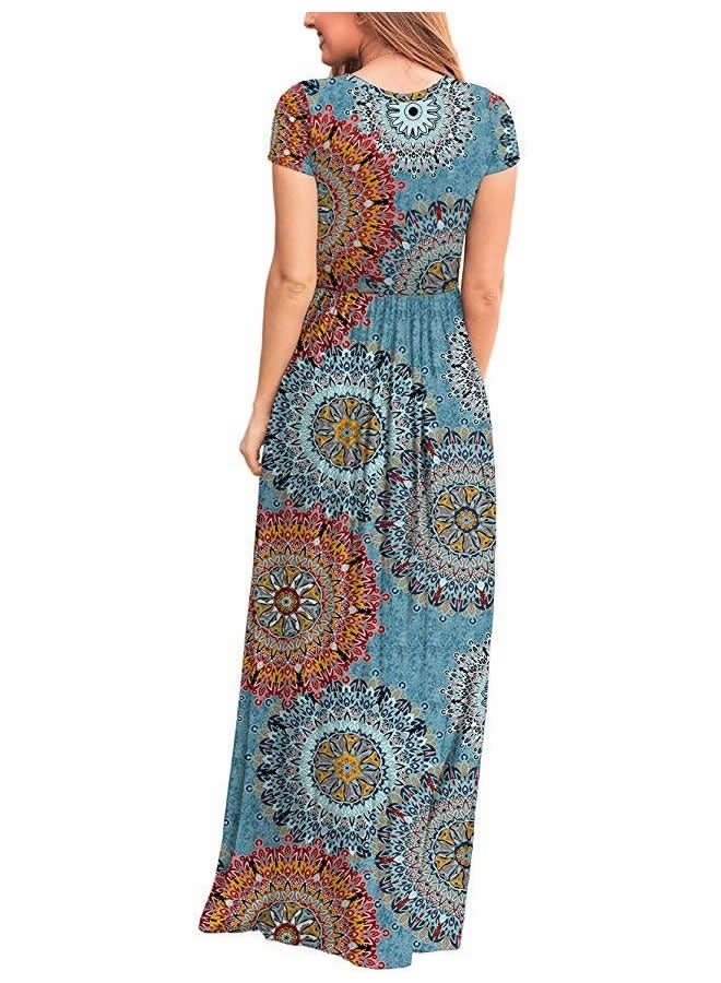 NIBEMINENT Women's Summer Short Sleeve Loose Maxi Dresses Round Neck Print Long with Pockets Sun Orchid  - Image 4
