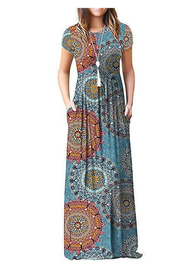 NIBEMINENT Women's Summer Short Sleeve Loose Maxi Dresses Round Neck Print Long with Pockets Sun Orchid  - Image 1