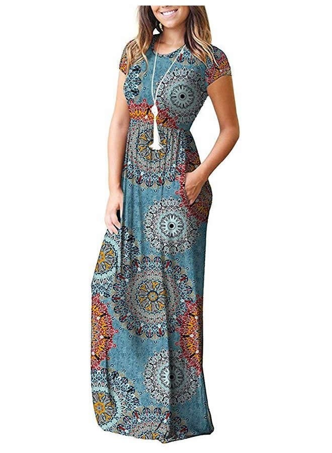 NIBEMINENT Women's Summer Short Sleeve Loose Maxi Dresses Round Neck Print Long with Pockets Sun Orchid  - Image 3