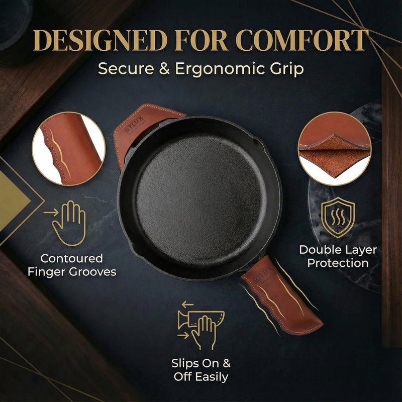 BTLUX Proudly Made in Georgia from Full Grain Leather - Leather Cast Iron Handle Cover, Set of 2 - Heat Resistant Cast Iron Handle Sleeve for Skillets - Pot Holder for Hot Frying Pans, Pots - Image 5