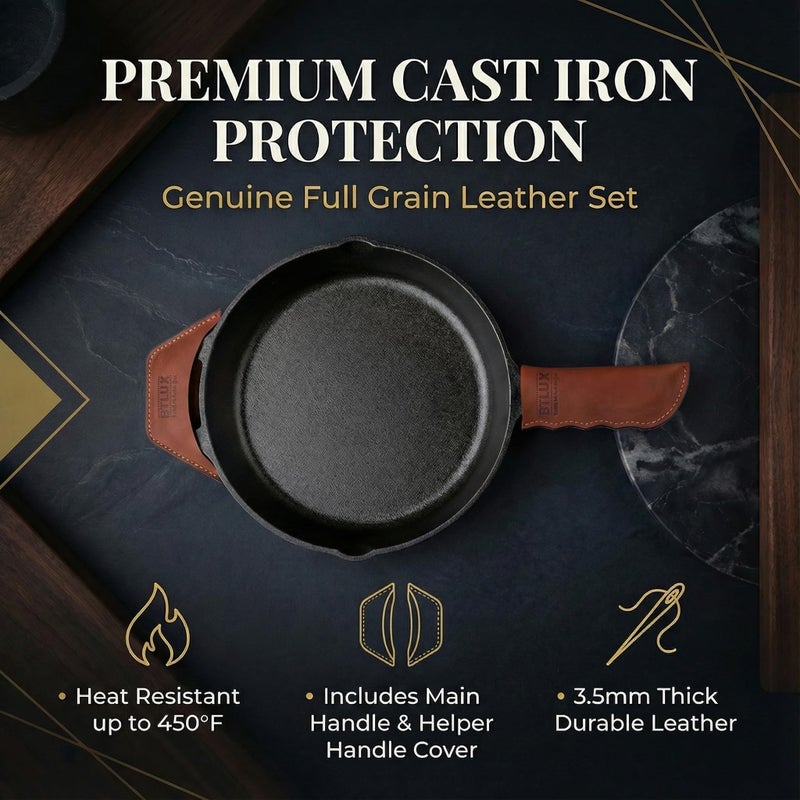 BTLUX Proudly Made in Georgia from Full Grain Leather - Leather Cast Iron Handle Cover, Set of 2 - Heat Resistant Cast Iron Handle Sleeve for Skillets - Pot Holder for Hot Frying Pans, Pots - Image 2