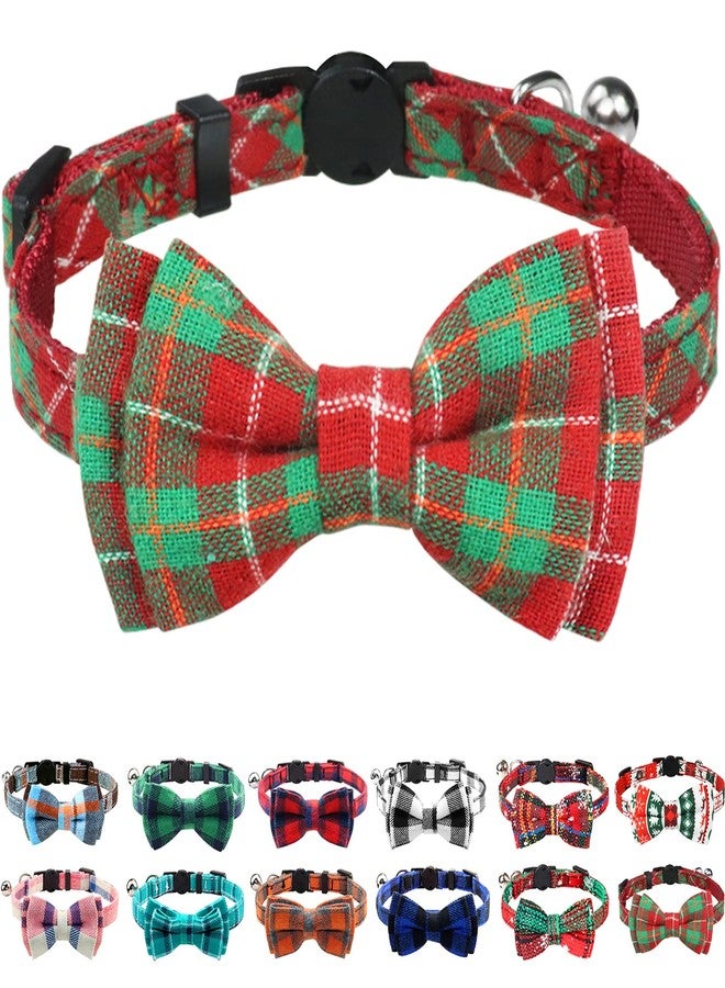 Joytale Upgraded Christmas Cat Collar with Bells, Breakaway Cat Collars with Bow Tie, 1 Pack Girl Boy Safety Plaid Kitten Collars, Red+Green Plaid - Image 1