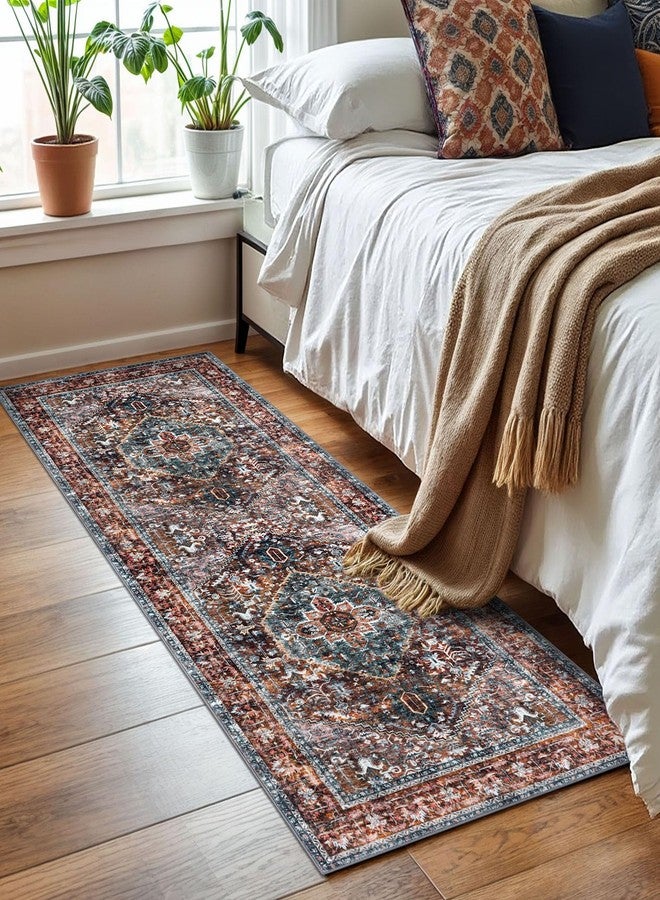 KOZYFLY Runners for Hallways 2x6 Ft Washable Kitchen Runner Rug Boho Runner Rug for Entryway Indoor Printed Oriental Faux Wool Floor Carpet Runner for Bedroom Kitchen Hall, Brick Red/Orange/Green - Image 3
