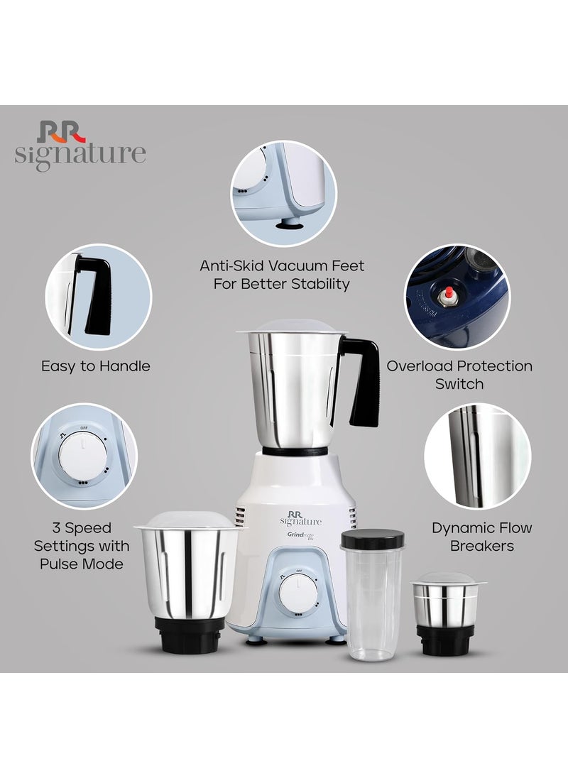RR RR Signature Grindmate DLX+ 500-Watt Mixer Grinder| Mixie For All Kitchen Needs With 4 Jars (3 SS Jars For Chutney,Dry Or Wet Grinding,1 Smoothie Jar) White| 2 Yr Warranty on Product & 5 Yr on Motor  - Image 5
