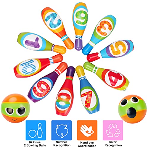 AugToy Kids Bowling Set 2-5 Toddler Indoor Bowling Game Toy Gift for 1 2 3 4 Year Old Boys Girls Soft 10 Colorful Foam Bowling Pins 2 Bowling Ball Developmental Sensory Toddler Age 2-4 3-5 - Image 2