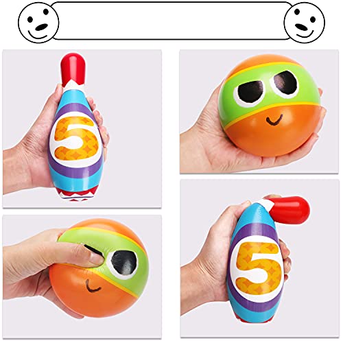 AugToy Kids Bowling Set 2-5 Toddler Indoor Bowling Game Toy Gift for 1 2 3 4 Year Old Boys Girls Soft 10 Colorful Foam Bowling Pins 2 Bowling Ball Developmental Sensory Toddler Age 2-4 3-5 - Image 4