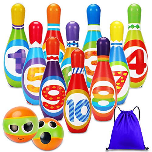 AugToy Kids Bowling Set 2-5 Toddler Indoor Bowling Game Toy Gift for 1 2 3 4 Year Old Boys Girls Soft 10 Colorful Foam Bowling Pins 2 Bowling Ball Developmental Sensory Toddler Age 2-4 3-5 - Image 1