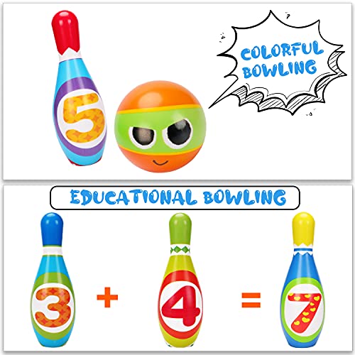 AugToy Kids Bowling Set 2-5 Toddler Indoor Bowling Game Toy Gift for 1 2 3 4 Year Old Boys Girls Soft 10 Colorful Foam Bowling Pins 2 Bowling Ball Developmental Sensory Toddler Age 2-4 3-5 - Image 3