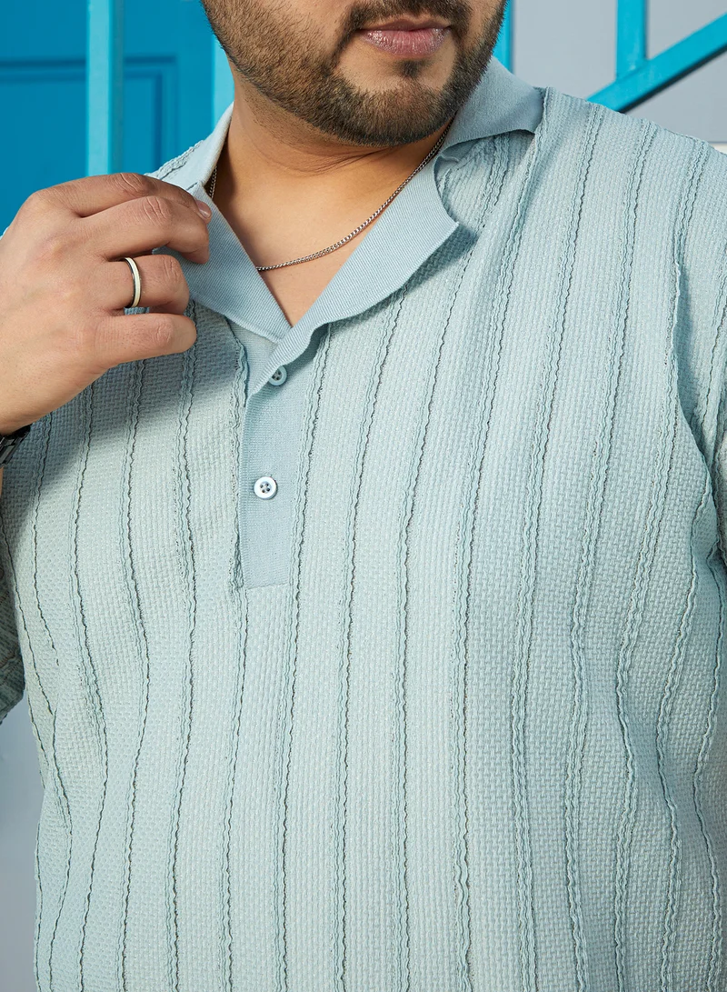 Instafab Plus Instafab Plus Men's Mint Green Wicker-Tactile Polo T-Shirt For Casual Wear | Polo Neck | Short Cuffed Sleeves | Half-Button Closure | Plus Size T-Shirt Crafted With Comfort Fit For Everyday Wear
