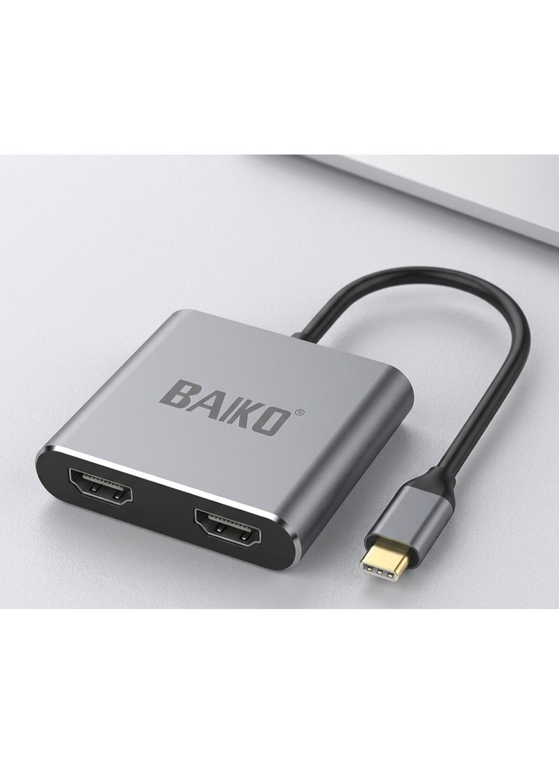 BAIKO B079 USB-C to Dual HDMI Adapter 4-in-1 USB Type-C Hub with Dual HDMI 4K@30Hz, USB 3.0 & PD Charging, Multi Display Docking Station for MacBook Pro Air, iPad, Chromebook, Dell, HP, Acer & Samsung