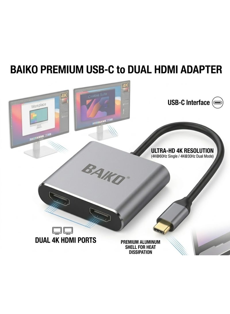 بَيّاكم محول بايكو 4 في 1 من USB-C إلى منفذي HDMI | موزع فائق الوضوح بدقة 4K مع مخرج أحادي 60 هرتز ومخرج مزدوج 30 هرتز | موزع سهل الاستخدام للكمبيوتر المحمول/الشاشة | يدعم أوضاع العرض الممتد، والانعكاس، والتدوير، وتبديل الشاشة | تصميم متين من الألومنيوم لأجهزة MacBook Pro Air، وiPad، وChromebook، وDell، وHP، وAcer، وSamsung - Image 1