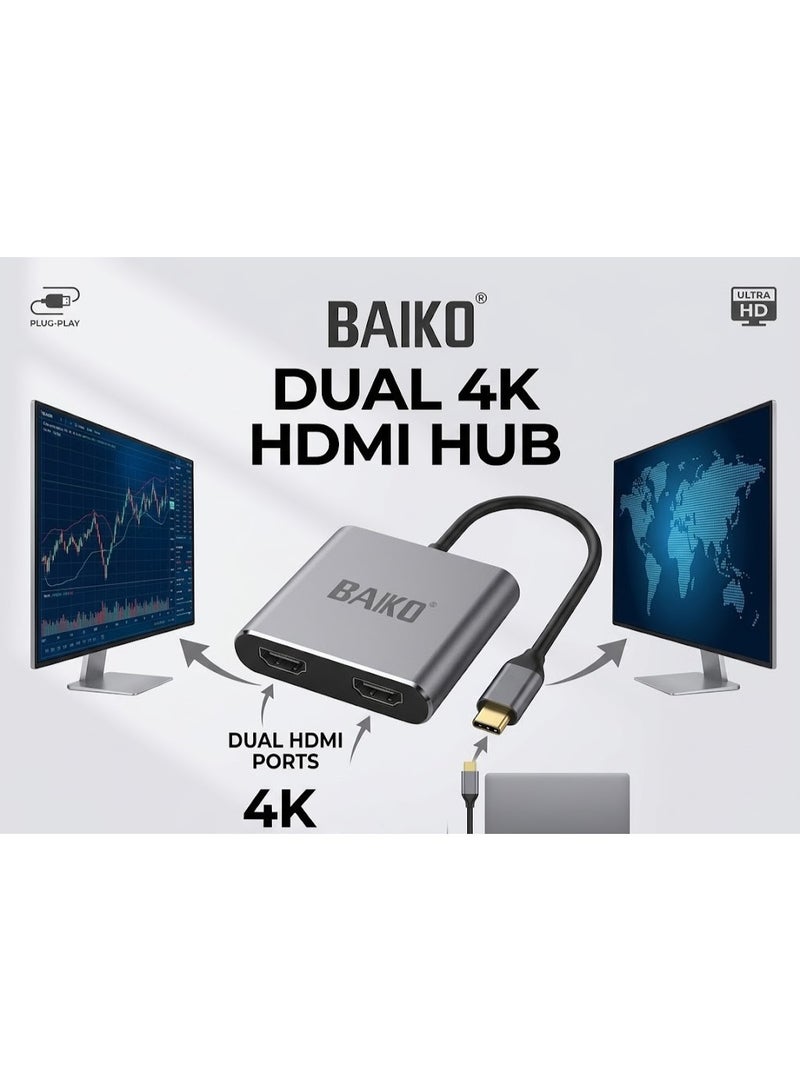 بَيّاكم محول بايكو 4 في 1 من USB-C إلى منفذي HDMI | موزع فائق الوضوح بدقة 4K مع مخرج أحادي 60 هرتز ومخرج مزدوج 30 هرتز | موزع سهل الاستخدام للكمبيوتر المحمول/الشاشة | يدعم أوضاع العرض الممتد، والانعكاس، والتدوير، وتبديل الشاشة | تصميم متين من الألومنيوم لأجهزة MacBook Pro Air، وiPad، وChromebook، وDell، وHP، وAcer، وSamsung - Image 2