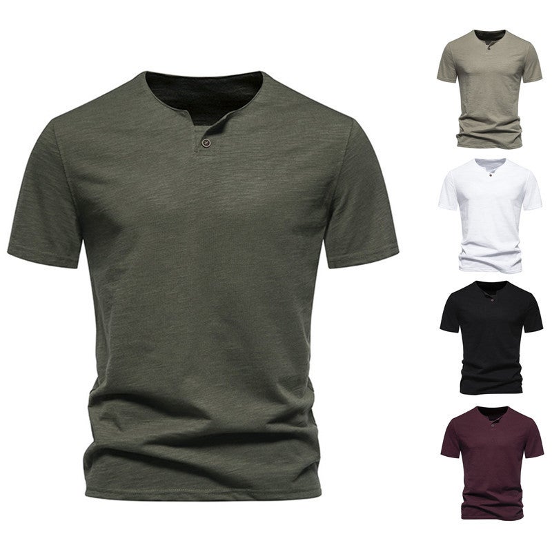 Cross-border 2024 Summer New One Button T-shirt Men's Slub Cotton Short-sleeved T-shirt Men's Casual Sports T-shirt Base - Image 2