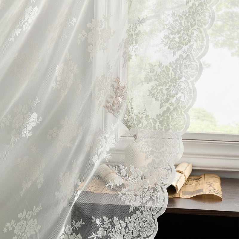 Kotile Kotile Lace Curtains 45 Inch Length  Short Lace Curtains for Kitchen Window Vintage Sheer Cafe Curtain 2 Panels Rod Pocket Rustic Floral Short Drapes 52 x 45 Inch 2 Panels Ivory