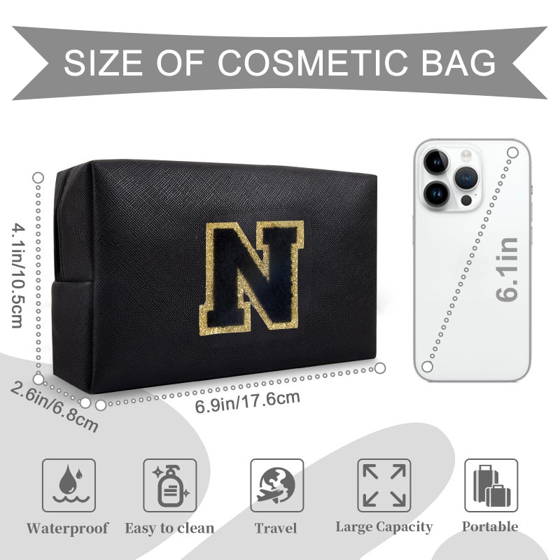 ChaoGreat حقيبة مكياج أولية مخصصة من A-Z Preppy Patch حقيبة مستحضرات تجميل صغيرة على شكل حرف Pu Chenille مع سحاب للفتيات المراهقات، حقيبة سوداء لطيفة لتنظيم أدوات الزينة، حقيبة مكياج هدية للنساء والفتيات، حرف N - Image 2