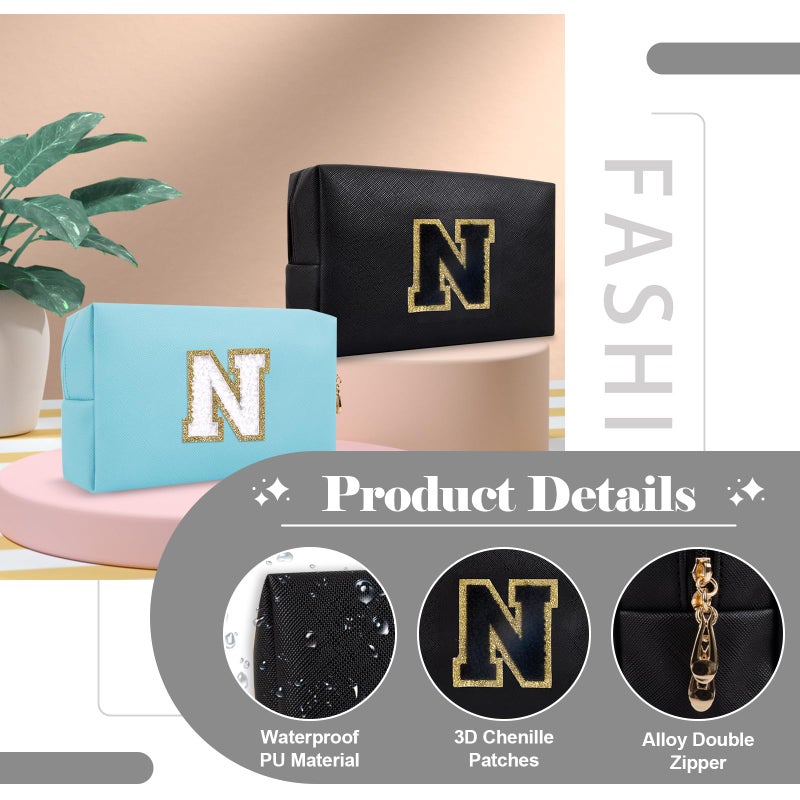 ChaoGreat حقيبة مكياج أولية مخصصة من A-Z Preppy Patch حقيبة مستحضرات تجميل صغيرة على شكل حرف Pu Chenille مع سحاب للفتيات المراهقات، حقيبة سوداء لطيفة لتنظيم أدوات الزينة، حقيبة مكياج هدية للنساء والفتيات، حرف N - Image 3
