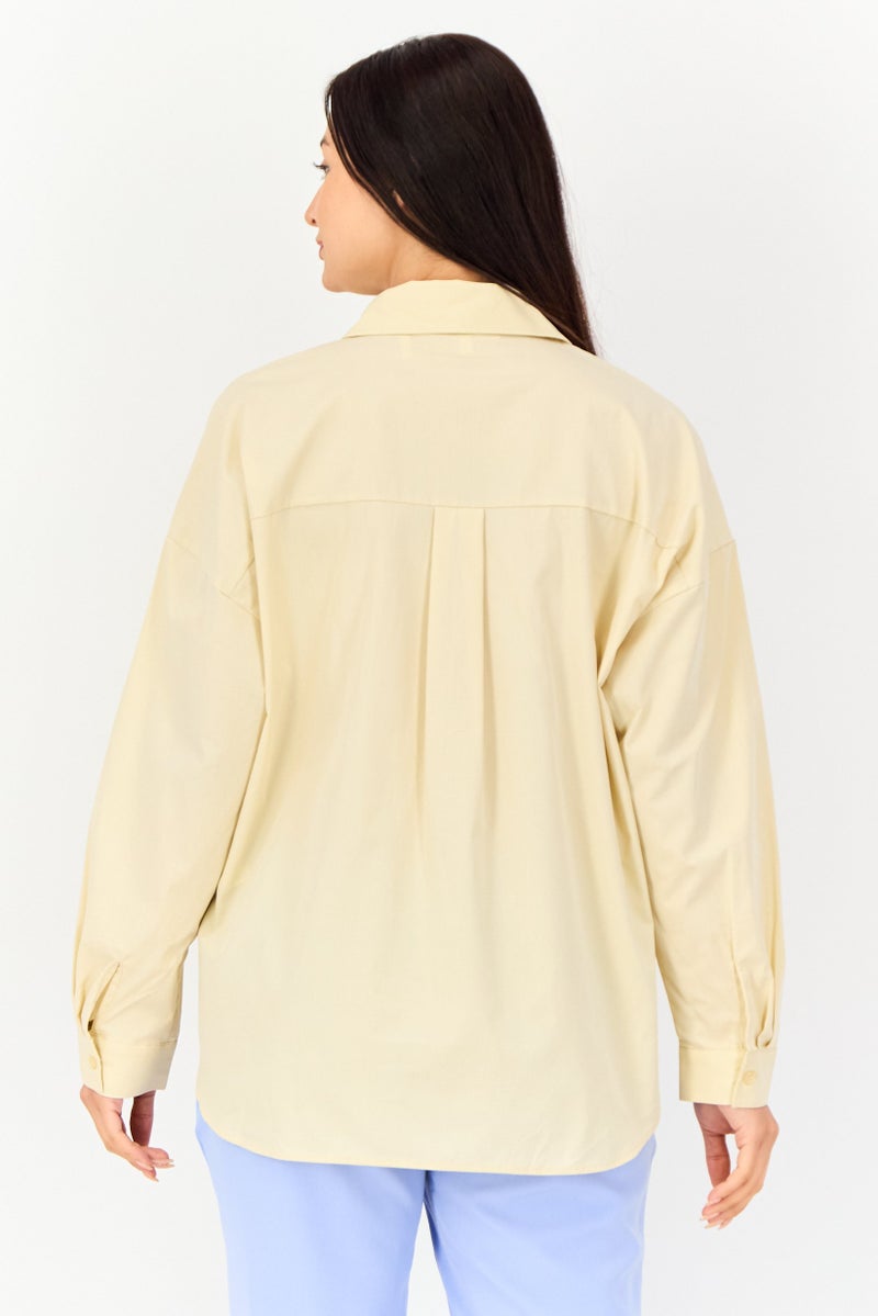 KOTON Ole X Koton Women Spread Collar Plain Long Sleeves Shirt, Cream - Image 4