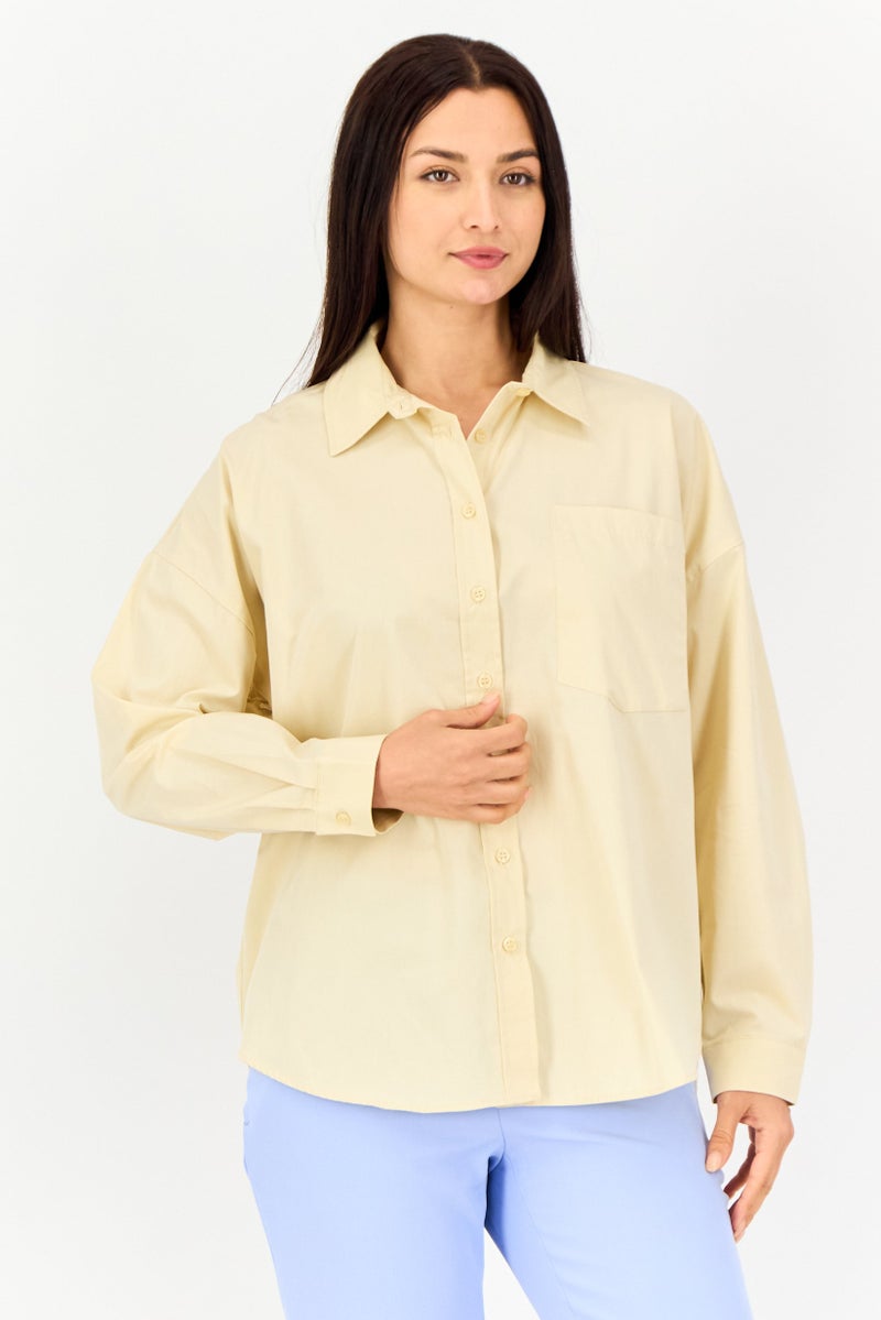 KOTON Ole X Koton Women Spread Collar Plain Long Sleeves Shirt, Cream - Image 1