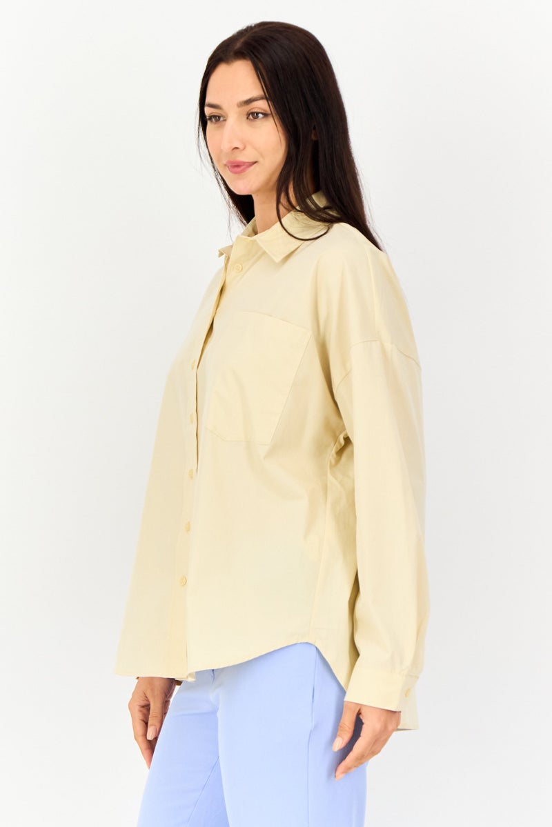 KOTON Ole X Koton Women Spread Collar Plain Long Sleeves Shirt, Cream - Image 2
