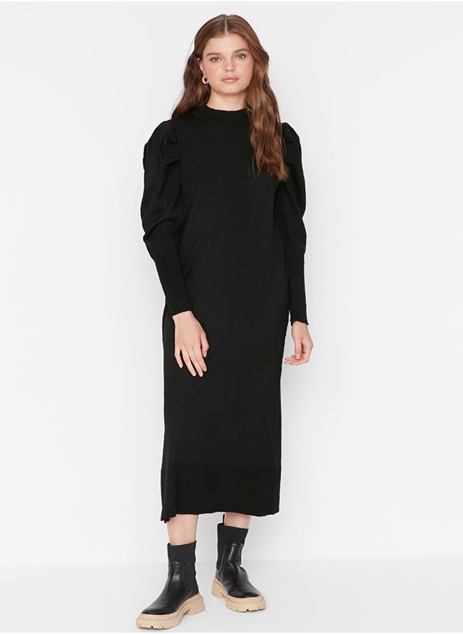 trendyol Black Crew Neck Shoulder Gathered Knitwear Dress TCTAW23EB00047  - Image 1