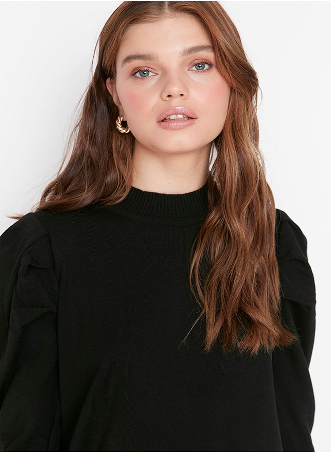 trendyol Black Crew Neck Shoulder Gathered Knitwear Dress TCTAW23EB00047  - Image 3