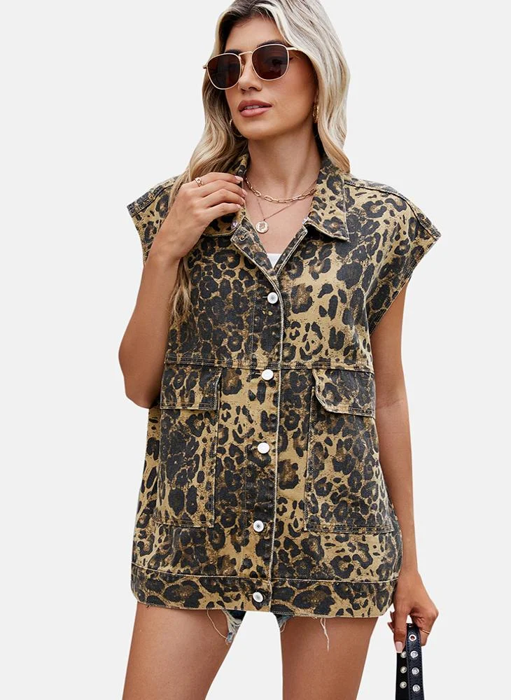 يونيكي Brown Printed Regular Fit Sleeveless Denim Jacket