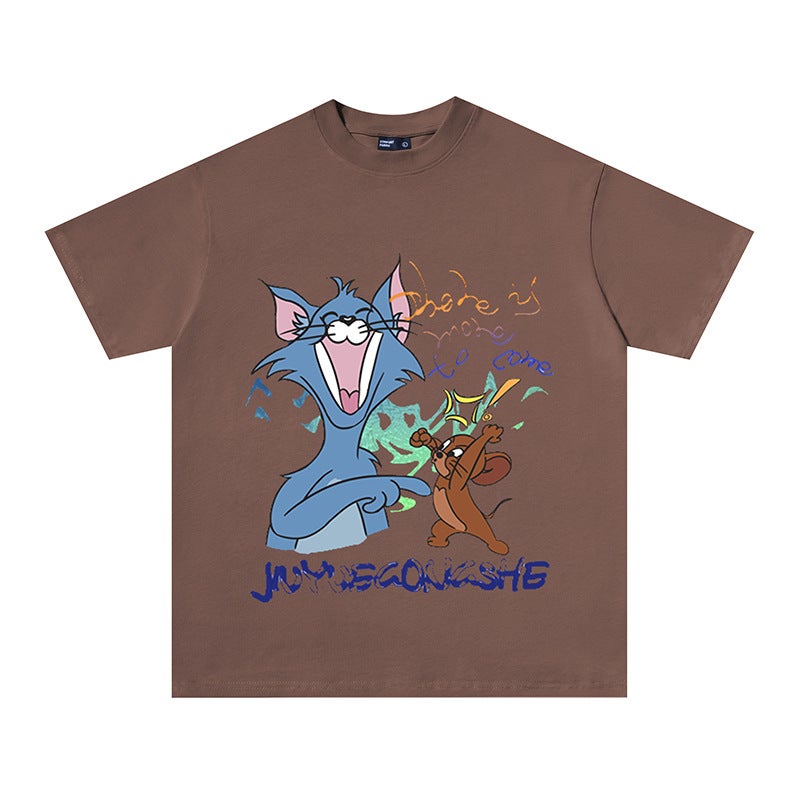 Couple Wear Heavyweight Pure Cotton T-Shirt Short-Sleeved Digital Direct Printing Trendyy Ins Cat And Mouse Top - Image 1
