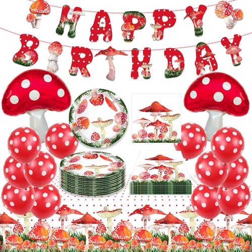 Lcnjscgo 44 PCS Mushroom Birthday Party Decorations Mushroom Birthday Banner Mushroom Balloons Mushroom Tablecloth Mushroom Plates and Napkins for Mushroom Party Decorations Supplies - Image 1
