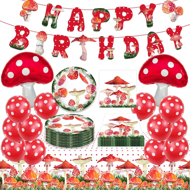 Lcnjscgo 44 PCS Mushroom Birthday Party Decorations Mushroom Birthday Banner Mushroom Balloons Mushroom Tablecloth Mushroom Plates and Napkins for Mushroom Party Decorations Supplies - Image 3