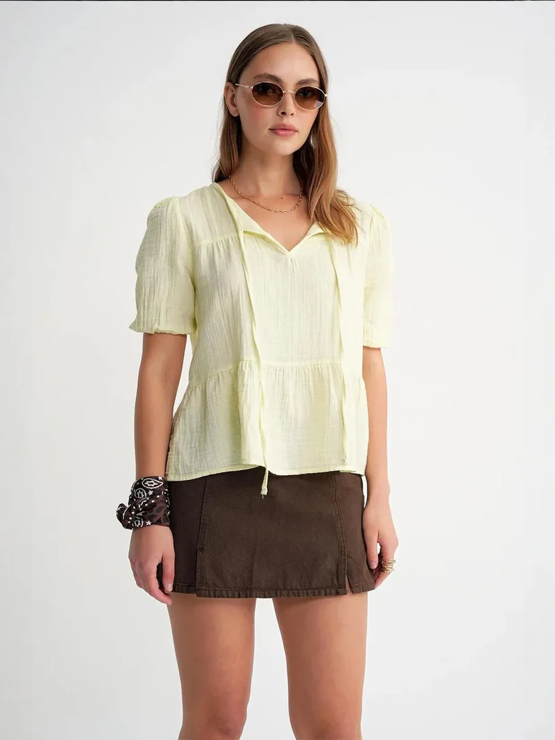 MixRay Mixray Textured Muslin Crew Neck Blouse with Binding Detail