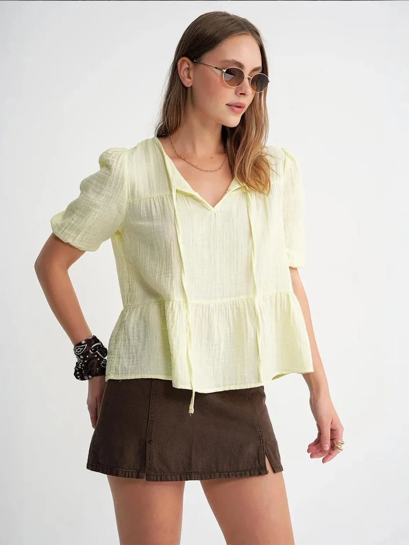 MixRay Mixray Textured Muslin Crew Neck Blouse with Binding Detail