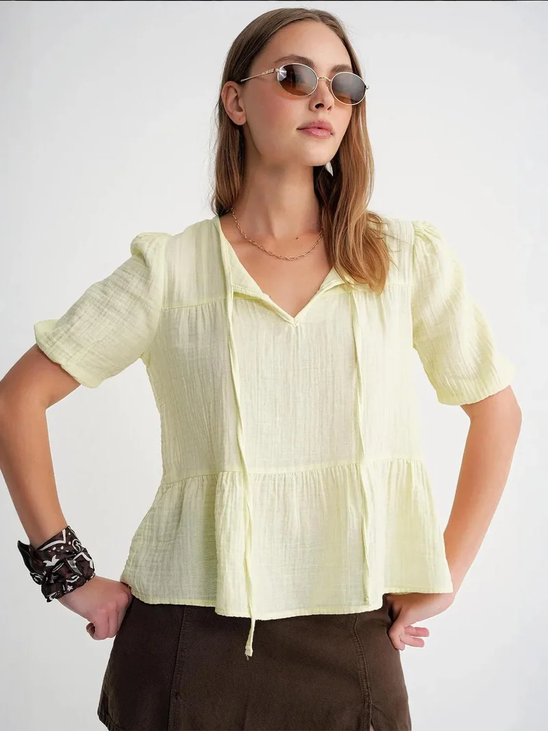 Mixray Lemon Yellow Mixray Textured Muslin Crew Neck Blouse with Binding Detail for Women | Best Price UAE