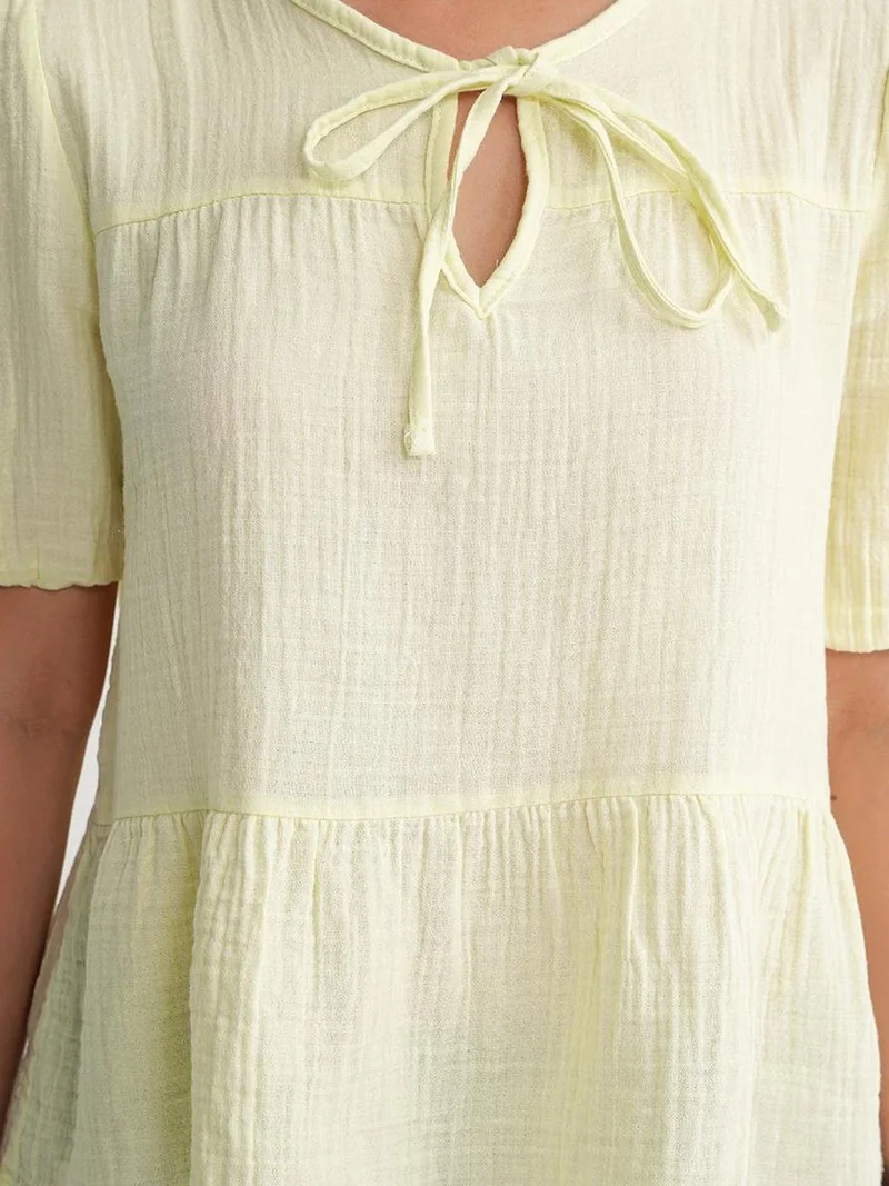 Mixray Lemon Yellow Mixray Textured Muslin Crew Neck Blouse with Binding Detail for Women | Best Price UAE