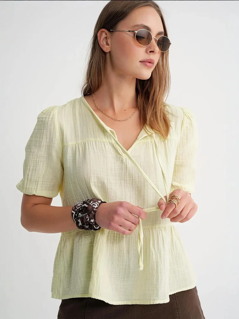 Mixray Lemon Yellow Mixray Textured Muslin Crew Neck Blouse with Binding Detail for Women | Best Price UAE