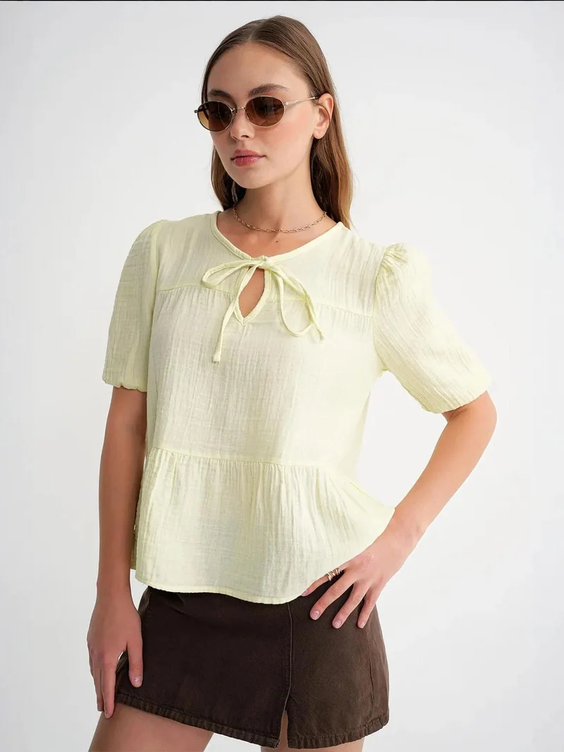 Mixray Lemon Yellow Mixray Textured Muslin Crew Neck Blouse with Binding Detail for Women | Best Price UAE