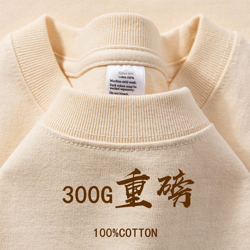 Military green 300g heavy cotton round neck short-sleeved T-shirt for men and women in summer loose retro casual solid color clothes - Image 3
