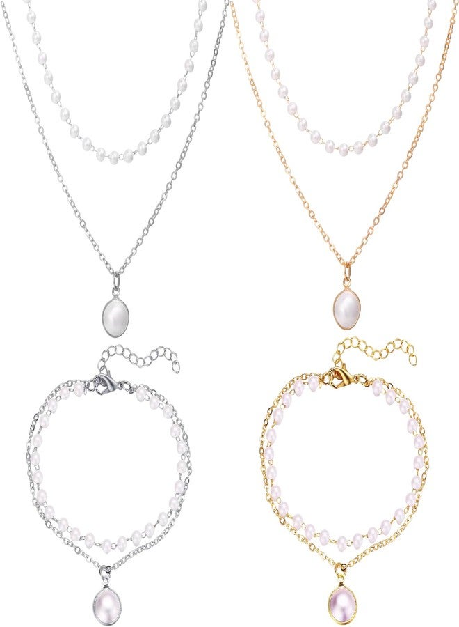 FFZDENA 4 Piece Set Pearl Necklace For Women, Layered Necklace For Women With Pearl Chain For Woman, 2 Necklaces And 2 Bracelets Set In Gold And Silver, Fashion Jewelry For Casual Wear And Parties - Image 1