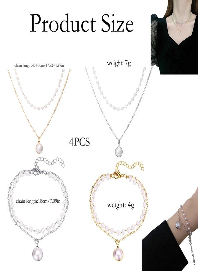 FFZDENA 4 Piece Set Pearl Necklace For Women, Layered Necklace For Women With Pearl Chain For Woman, 2 Necklaces And 2 Bracelets Set In Gold And Silver, Fashion Jewelry For Casual Wear And Parties - Image 2