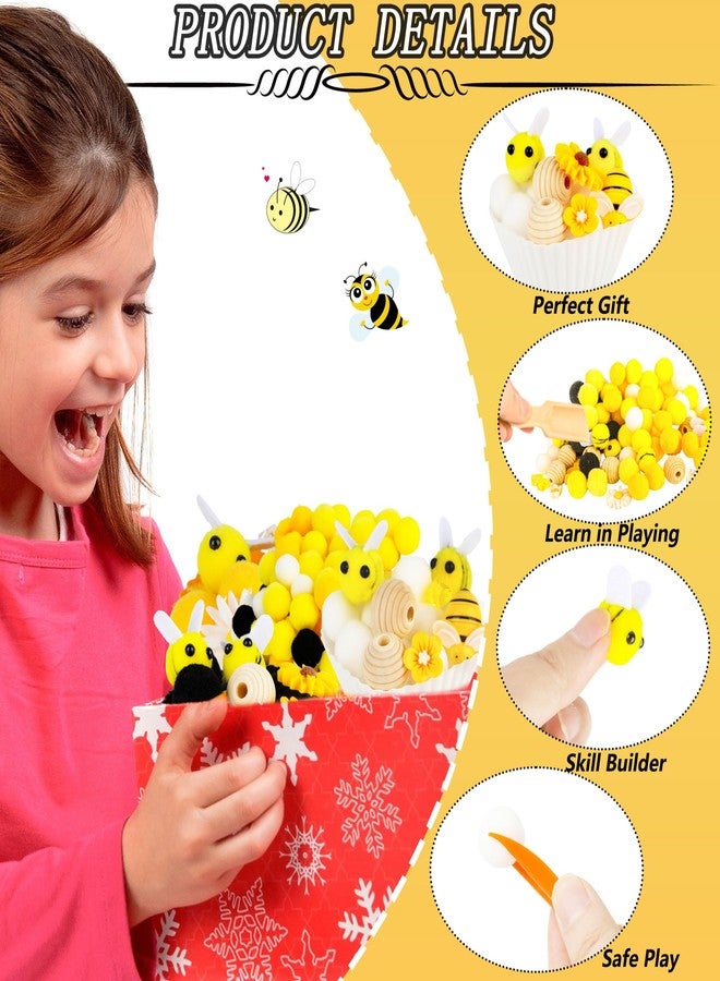 Feradny 344 Pcs Bee Sensory Bin Filler Set Counting Sorting Sensory Bin Includes Bee Honeycomb Sorting Bowls Tweezers Pom Poms Wooden Scoop for Preschool Education Activities - Image 3