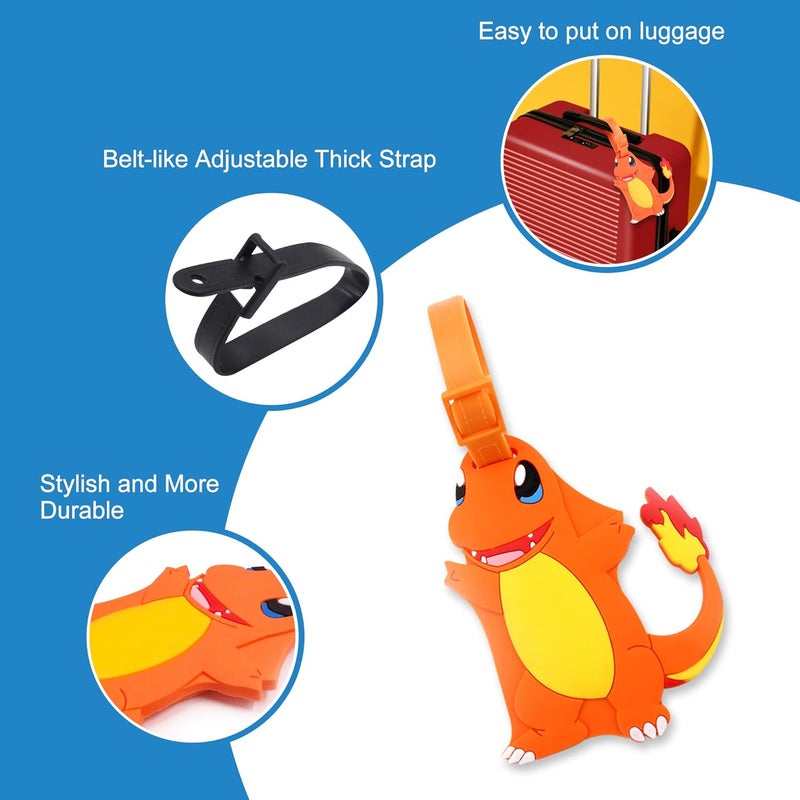 Finex 4 Pcs Set Poke Monster Cartoon Anime Silicone Travel Luggage Baggage Identification Labels ID Tag for Bag Suitcase Plane Cruise Ships with Belt Strap - Image 3