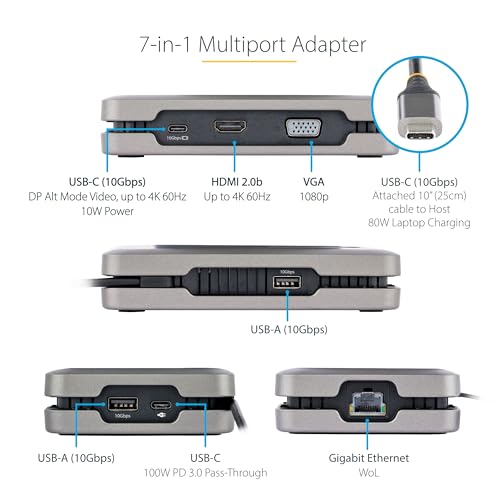 Startech.com StarTechcom USBC Docking Station for Windows and ChromeOS Dual Monitor 4K 60Hz USBCHDMI or 1080p VGA HDR10 USB 10Gbps Hub 100W Laptop Charging GbE TAA - Image 3