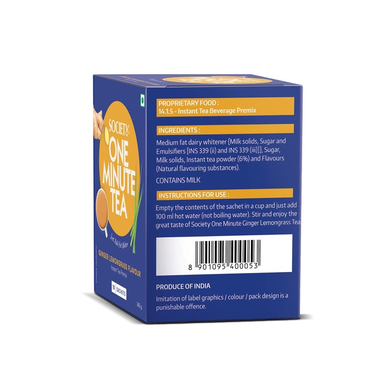 Society One Minute Tea | Ginger Lemongrass Flavour | Made with Lemongrass & Ginger | Flavoured Instant Tea | 14g X 10 Sachets (140g) | Pack of 3 - Image 2