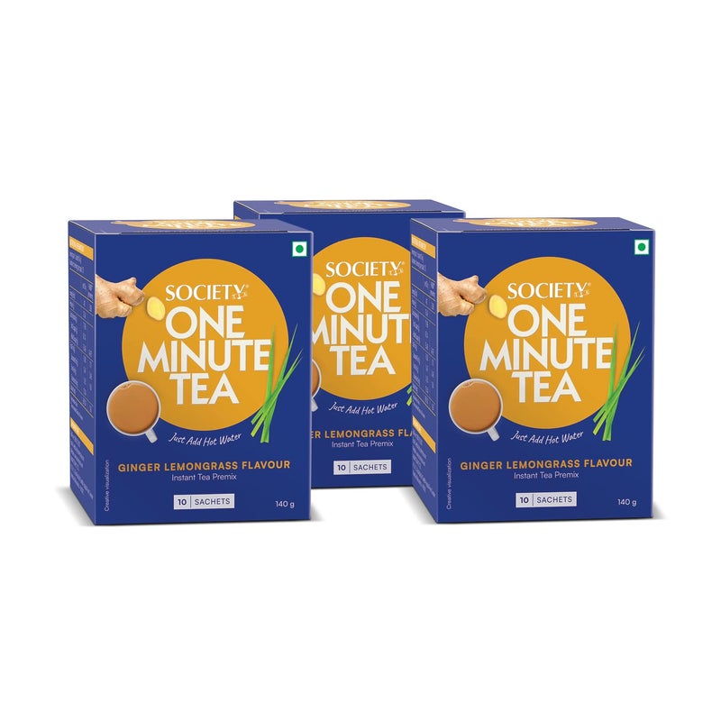 Society One Minute Tea | Ginger Lemongrass Flavour | Made with Lemongrass & Ginger | Flavoured Instant Tea | 14g X 10 Sachets (140g) | Pack of 3 - Image 1