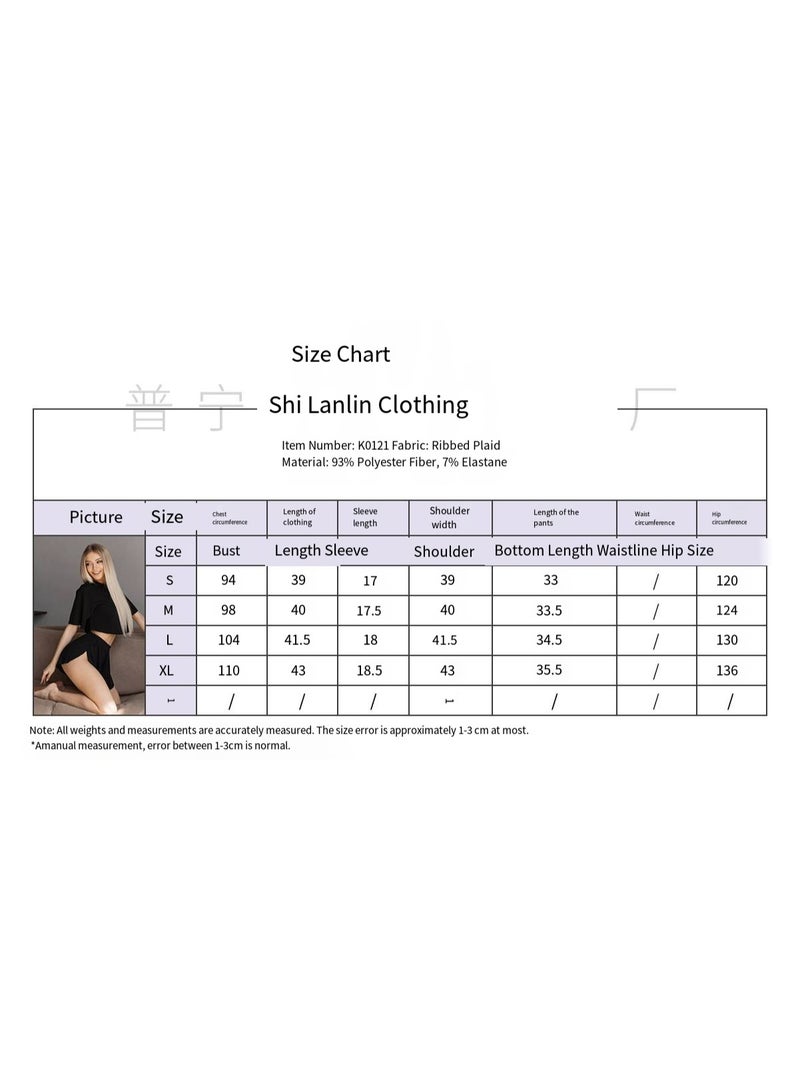 general Home wear: Patchwork round-neck casual pajama set for women, suitable for wearing outside, including short-sleeved shirt and short pants set. - Image 3