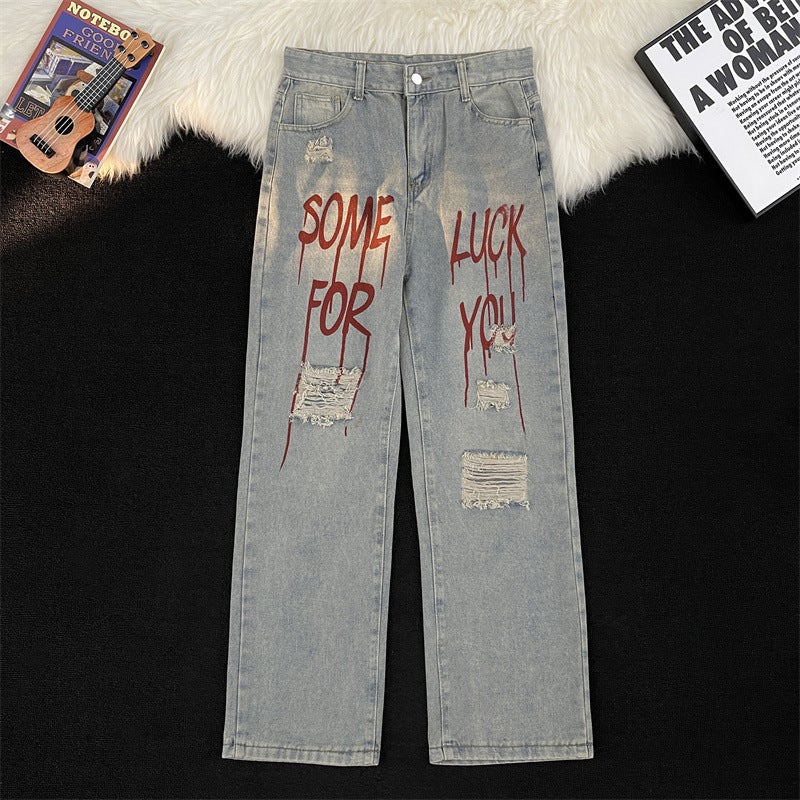 Fashion Letter Printed Casual Pants Trendy Ripped Washed Jeans Straight Pants Loose Trousers Handsome - Image 1