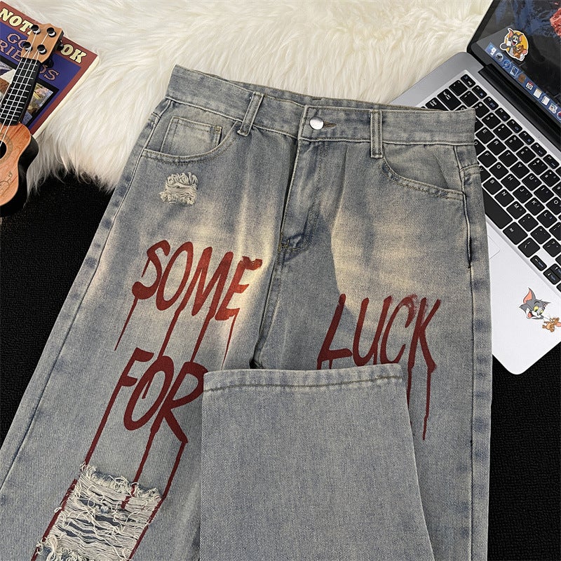 Fashion Letter Printed Casual Pants Trendy Ripped Washed Jeans Straight Pants Loose Trousers Handsome - Image 4